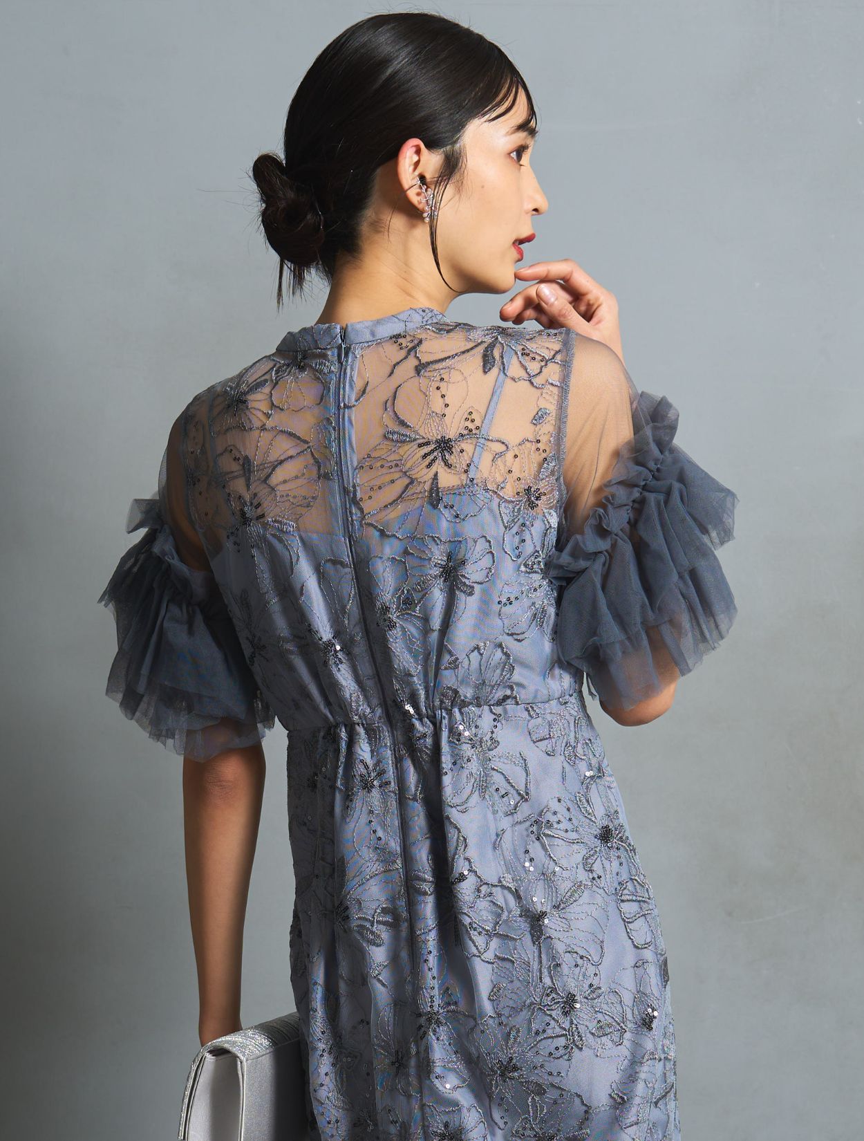 M/L】スパンコール刺繍レースドレス（ブルーグレー）DPSET0745の