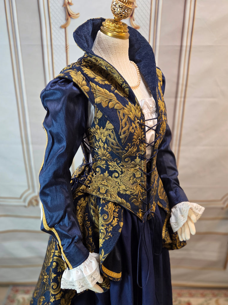 Elizabethan Riding Jacket- Blue and Gold Chenille Brocade