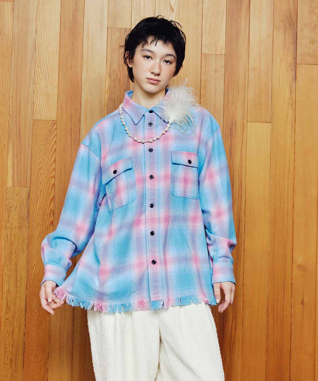 MEDE19F 古着屋でみつけたようなネルチェックシャツ〈ブルー