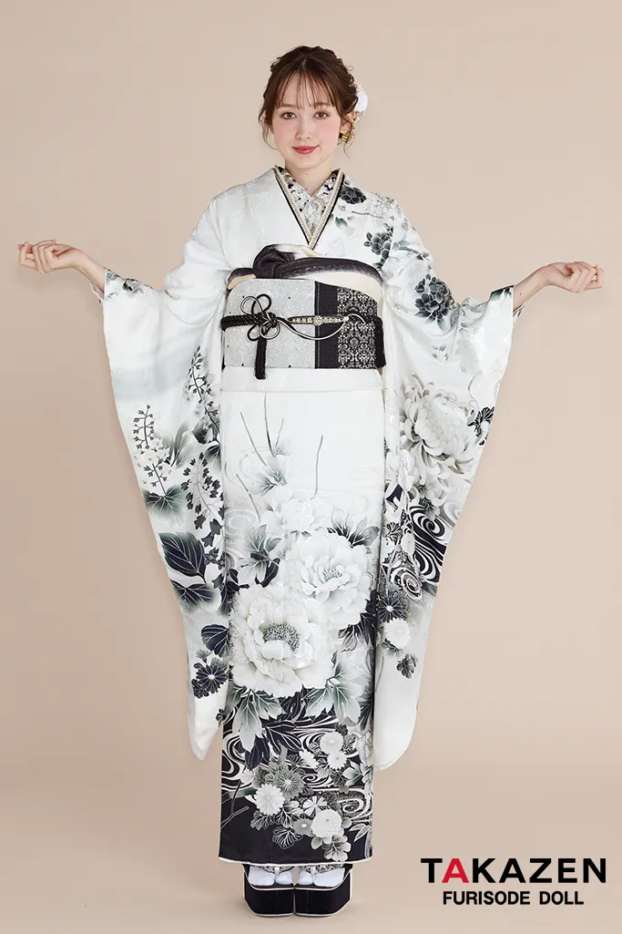 最新作正統派古典 白地/黒 牡丹柄/流水模様 かっこいい 大人っぽい