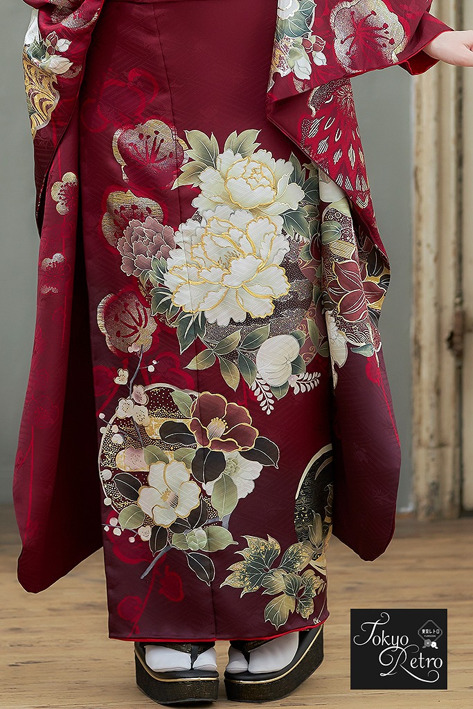 東京レトロ振袖ネットレンタル ワインレッド 牡丹柄/椿柄 正統派古典
