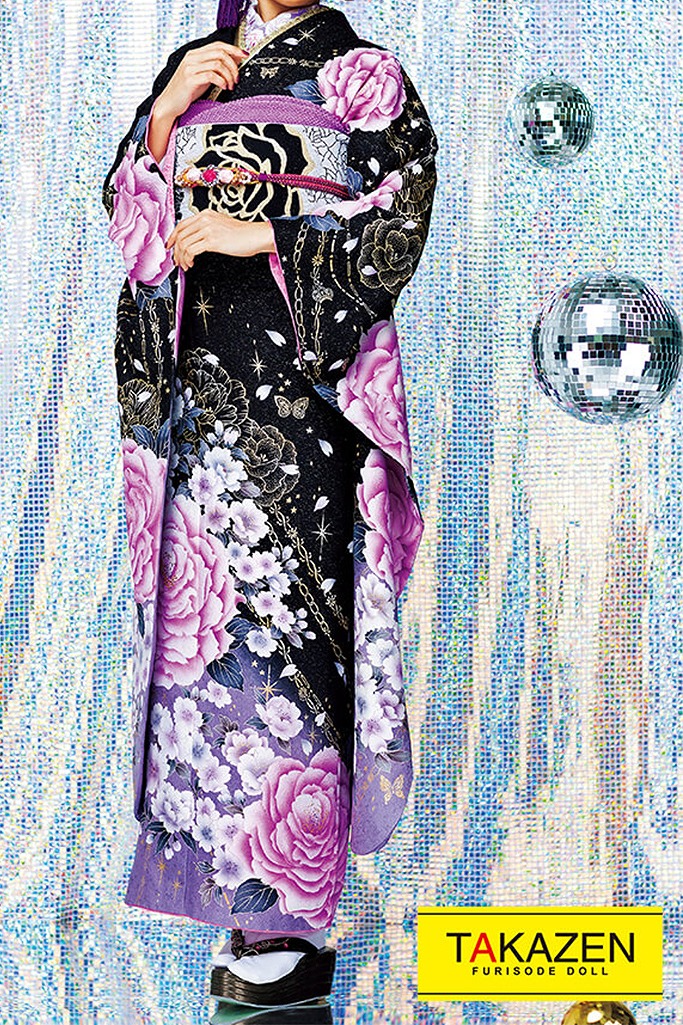 激安モード 黒/紫目立つ バラ柄/大柄 かわいい クール系振袖ネット