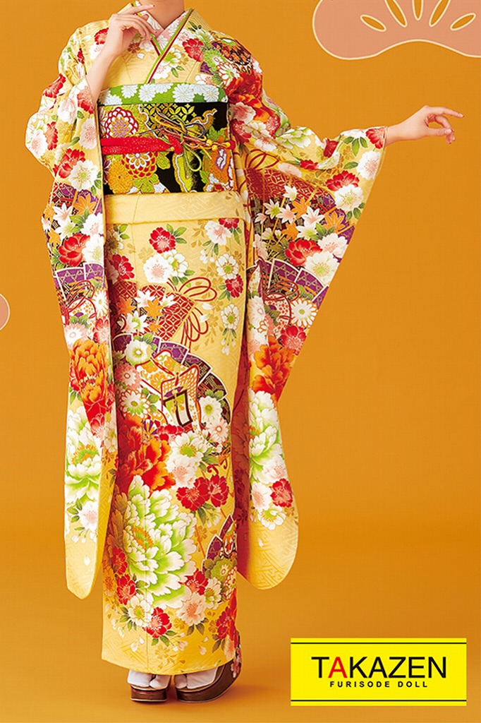 正統派古典 オレンジ/黄色 ボタン柄/大柄 上品 大柄古典振袖ネット