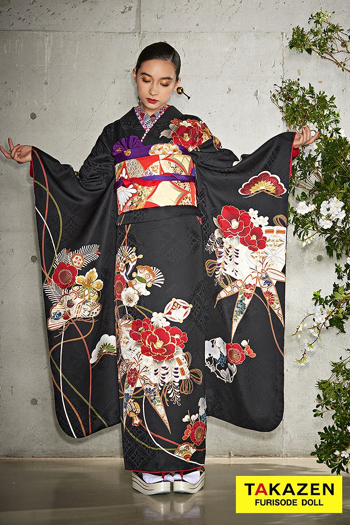 粋古典 黒地/赤 ツバキ柄 大人っぽい着こなし かっこいい振袖ネット