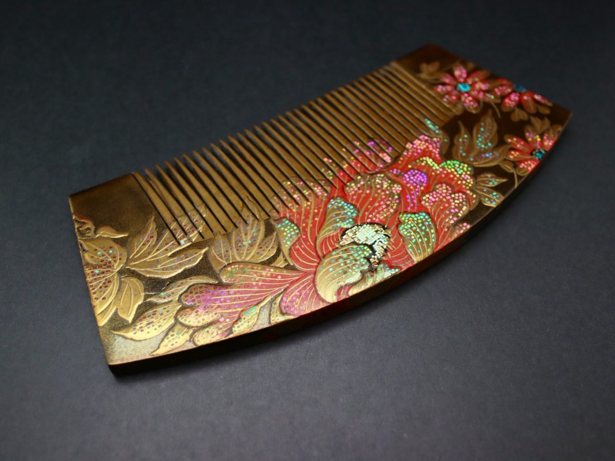 べっ甲牡丹菊螺鈿金蒔絵櫛｜日本髪用の絢爛豪華で希少な櫛｜良生作