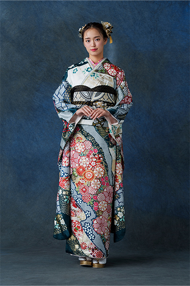 浴衣単品 撫松庵 花柄 青 白 ストライプ 黄色 セオアルファ 単衣 楽天