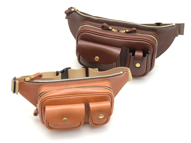 メンズ・レディース問わず使える2ポケットの本革ウエストバッグ / 革鞄