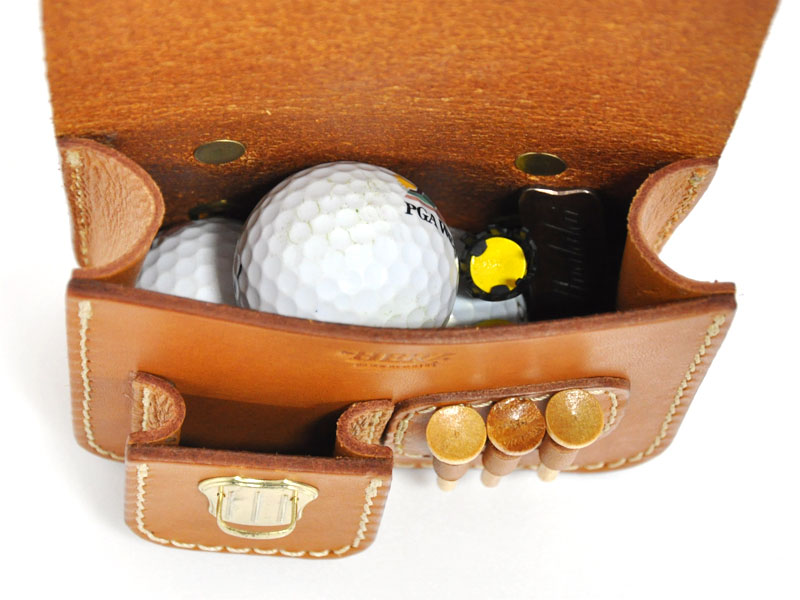 ゴルフのラウンドポーチ、ベルトポーチをハードレザーで作りました