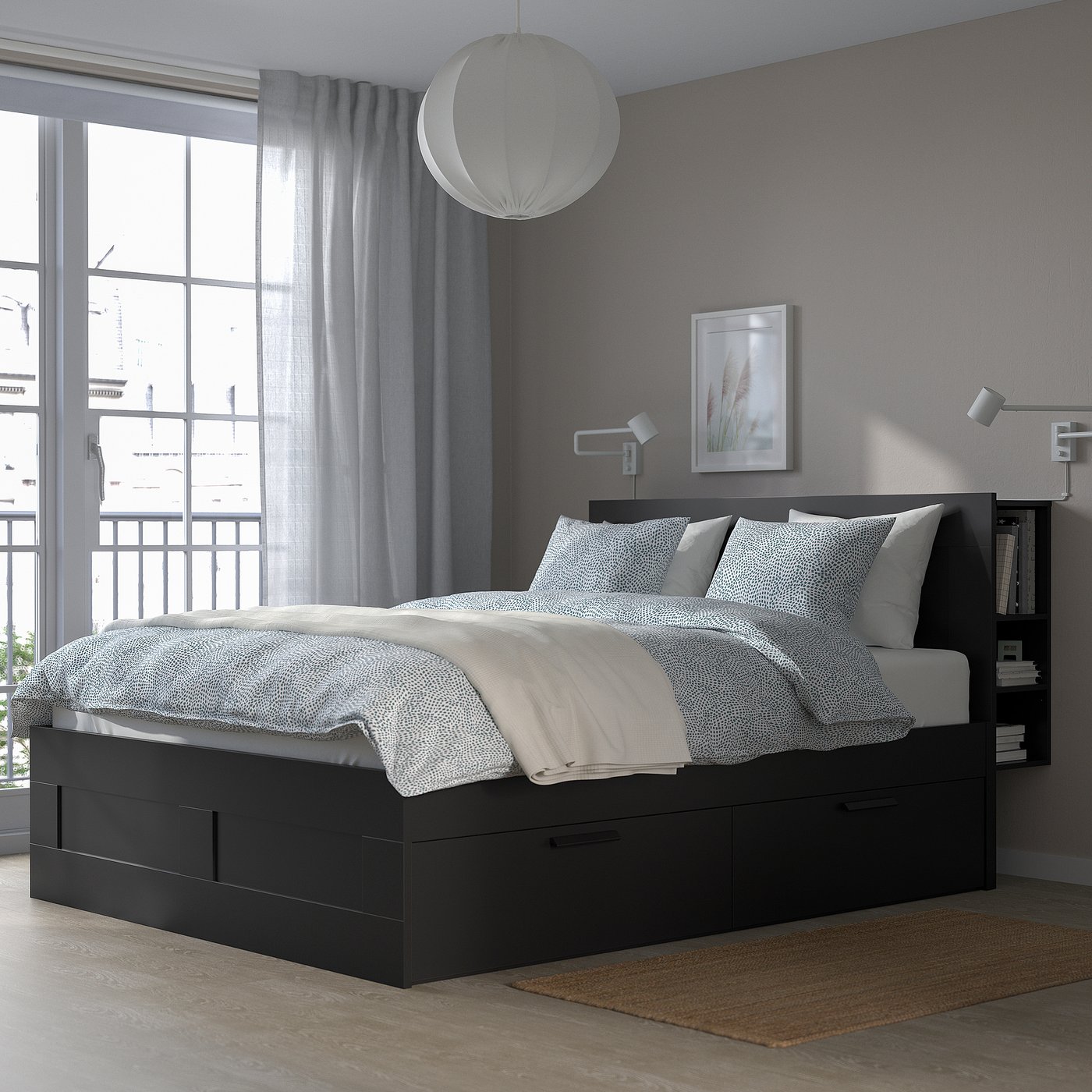 BRIMNES bed frame with storage & headboard, black/Luröy, Queen - IKEA