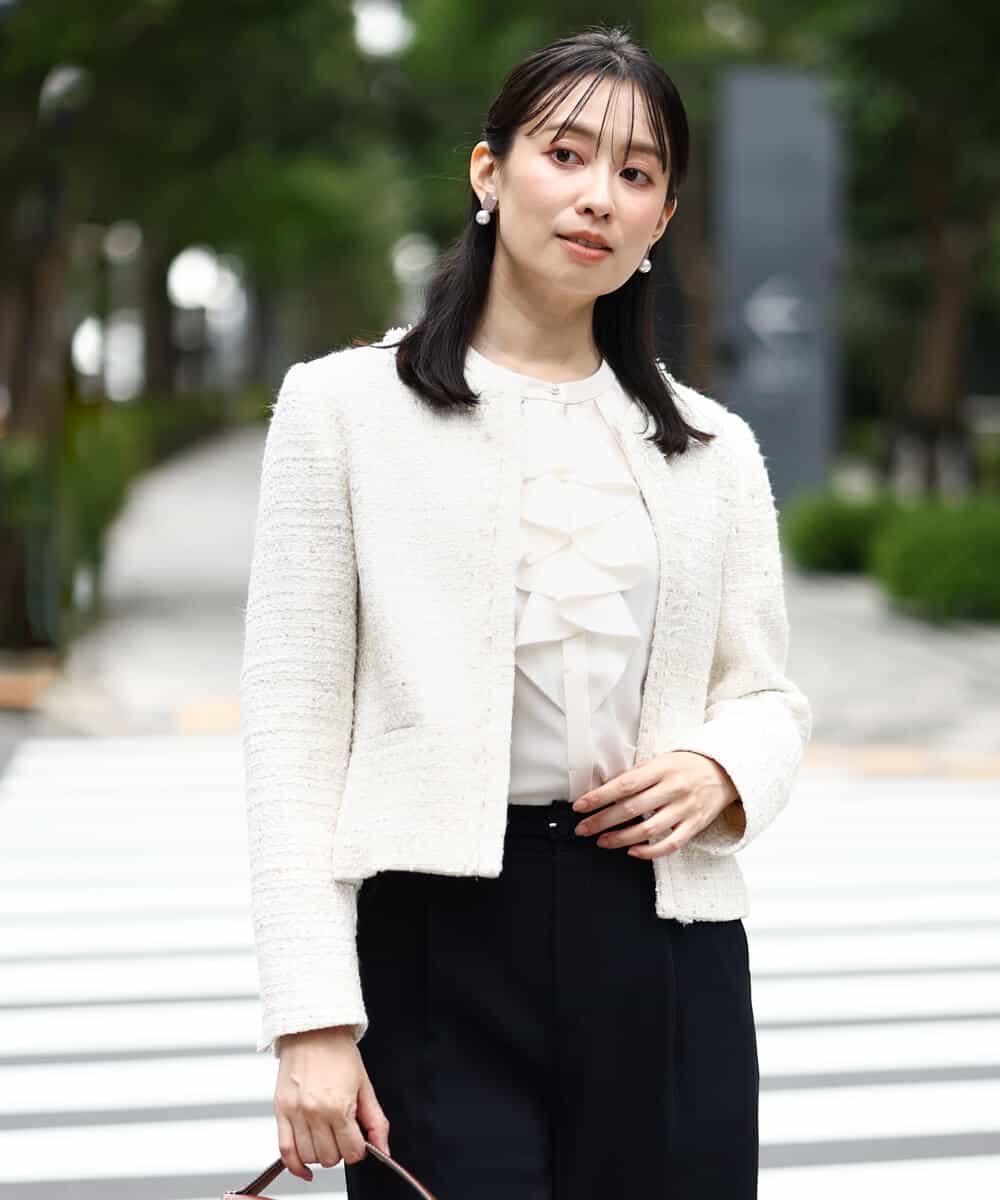 ノーカラーファンシーツイードジャケット/セットアップ対応/洗える