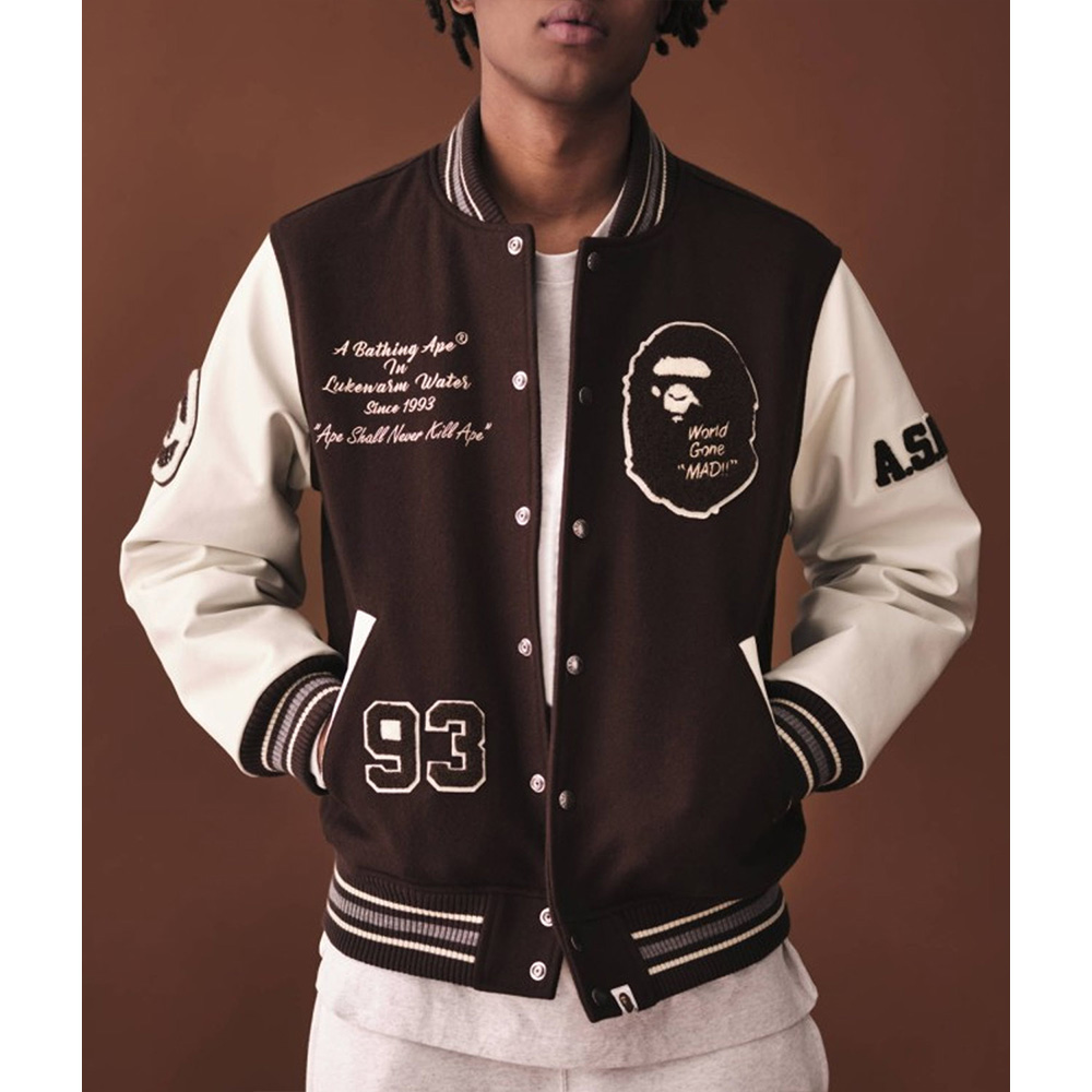 Wool/Leather Full-Snap A Bathing Ape Bape Varsity Jacket Brown