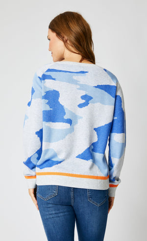 Blue Camo Sweater with an Orange Trim – Jacqueline B Clothing
