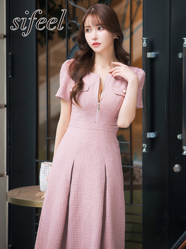 sifeel/シフィール】ワッフルシフォンジップアップワンピースドレス