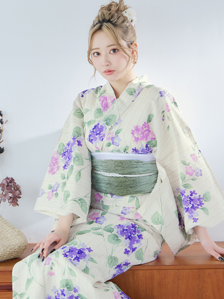 即日発送】クリームストライプ地x紫陽花浴衣 【浴衣3点セット 浴衣/帯