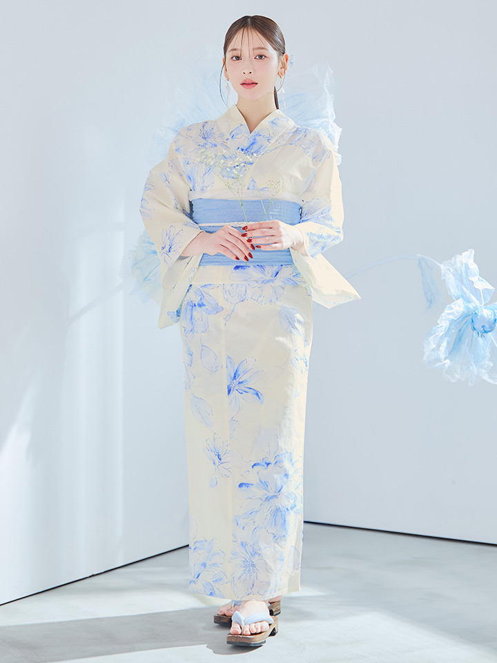 即日発送】グラデーションブルー牡丹和モダン浴衣 【浴衣3点セット