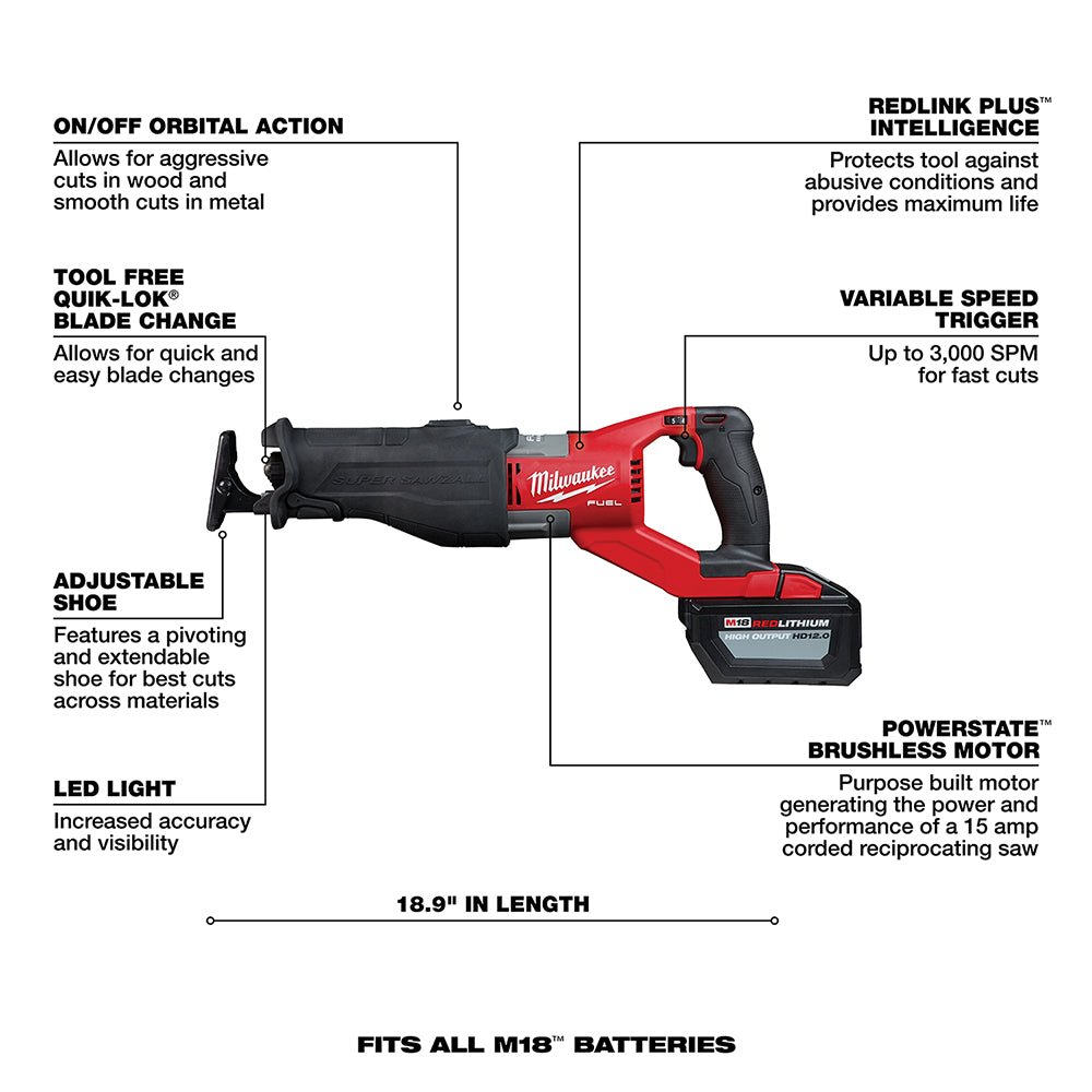 Milwaukee 2722-21HD M18 FUEL 18V 1-1/4-Inch SAWZALL Reciprocating