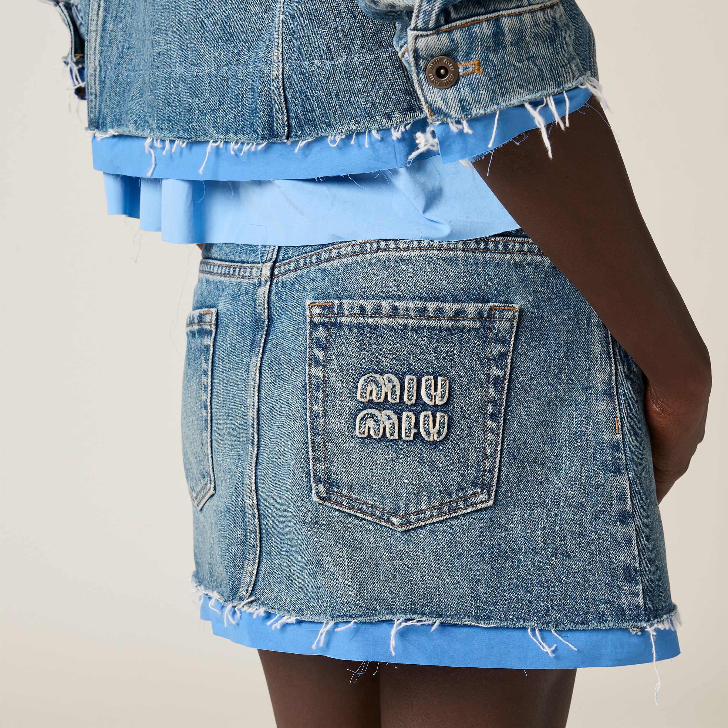 Sapphire Blue Denim And Poplin Miniskirt | Miu Miu