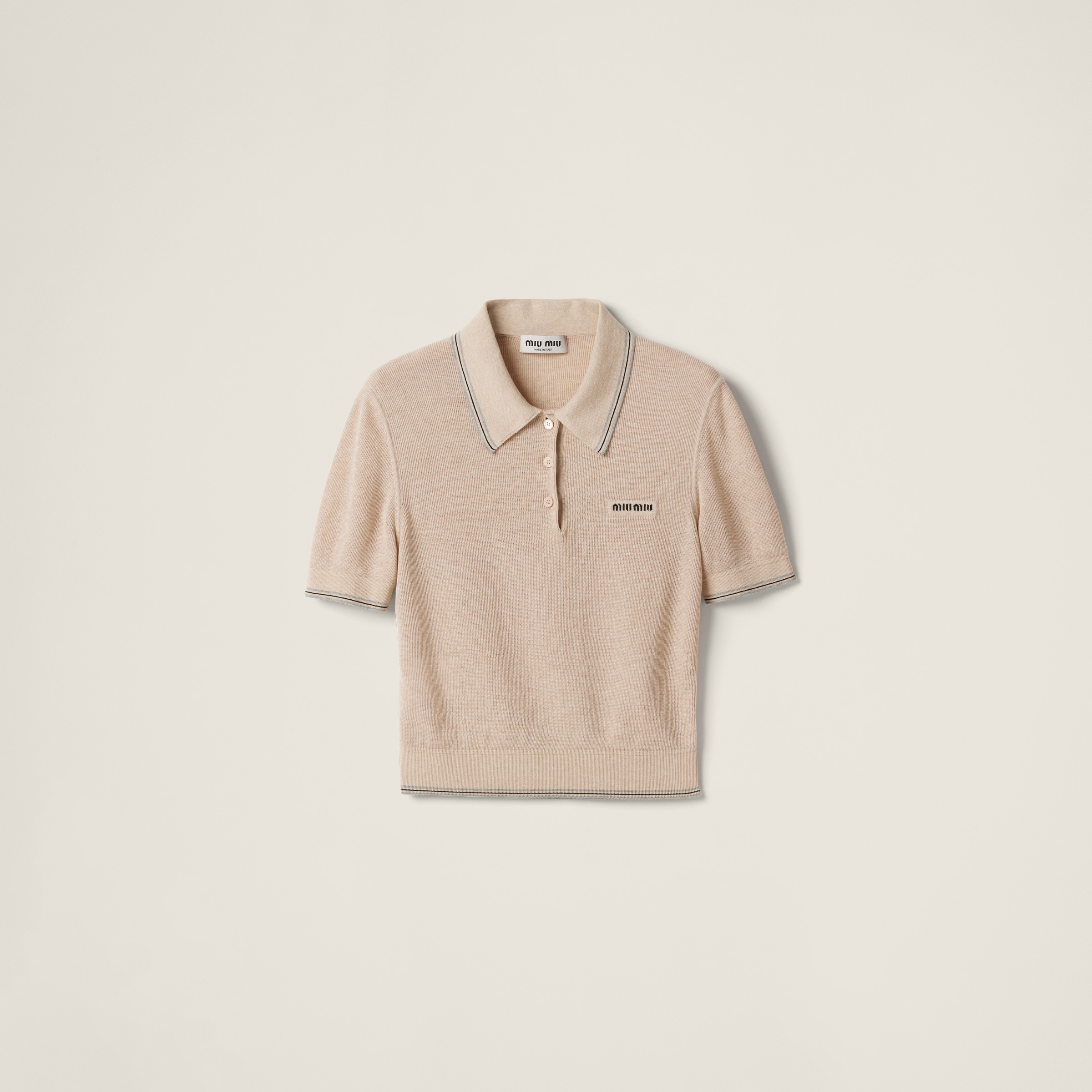 Sand Beige Cotton Knit Polo Shirt | Miu Miu