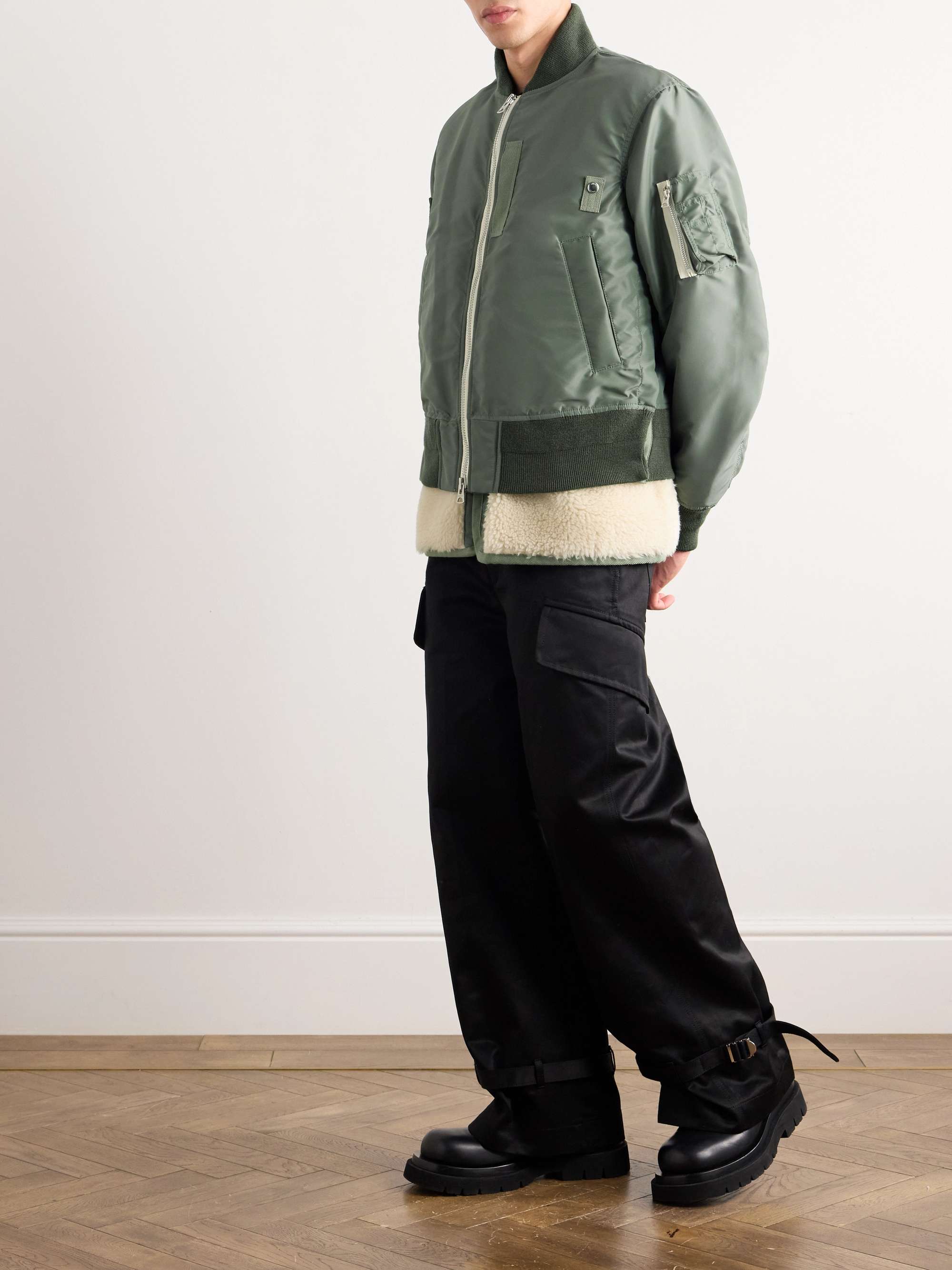 SACAI Layered Wool-Trimmed Twill and Fleece Bomber Jacket for Men