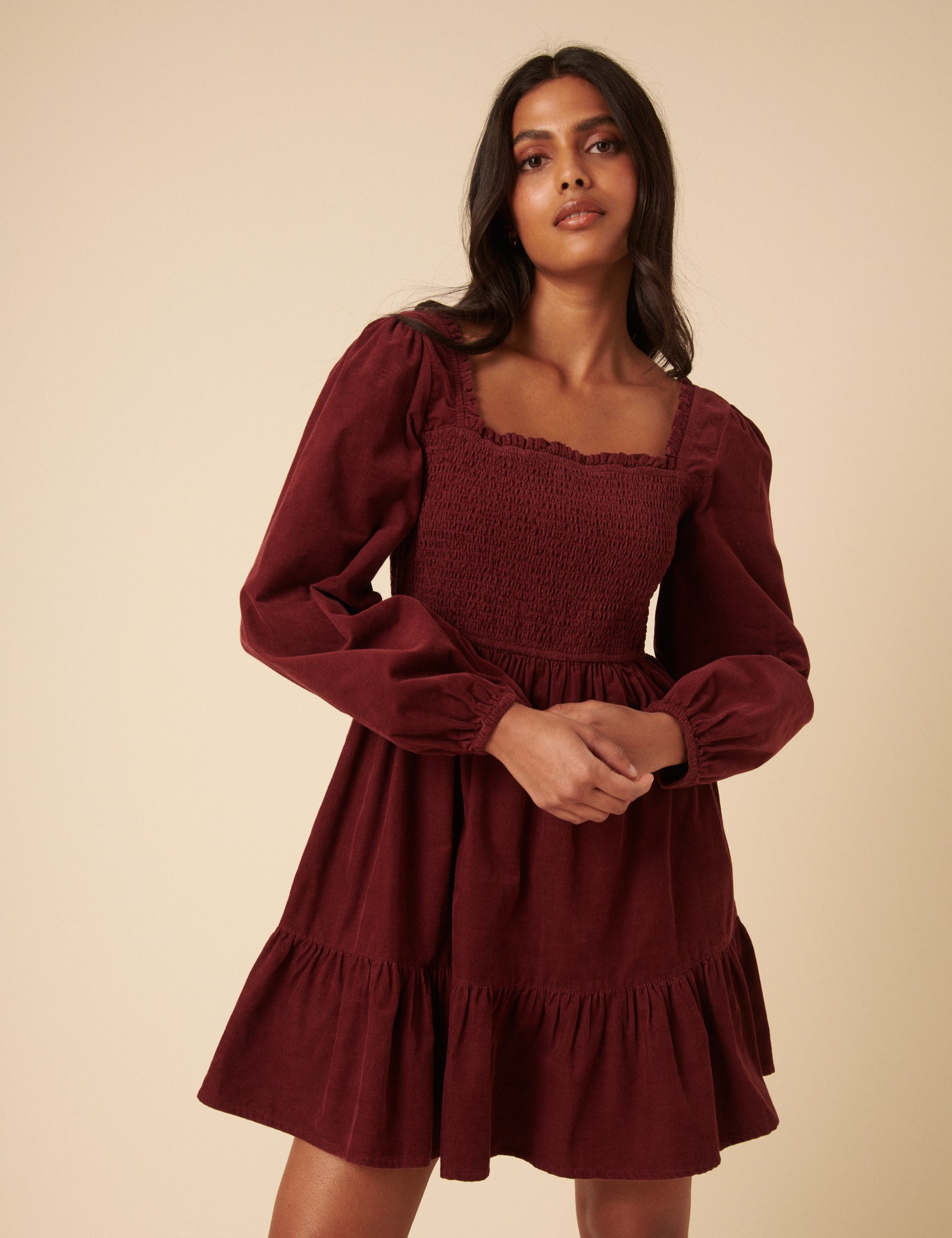 Green Balloon Sleeve Cord Tiered Elsa Mini Dress