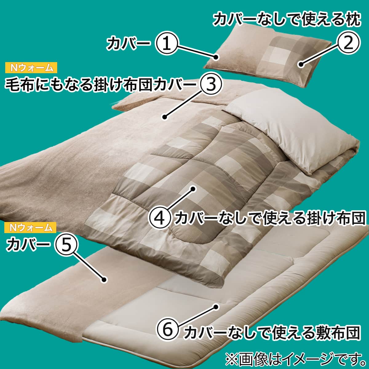 Nウォームカバー付き 布団セット 6点 (S2406 セミダブル ベージュ