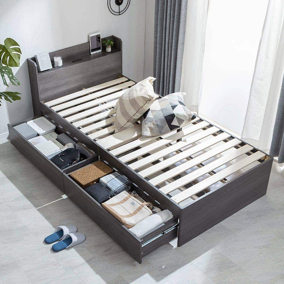 シングル 棚コンセント付きチェストベッドフレーム (SCL 浅引出し