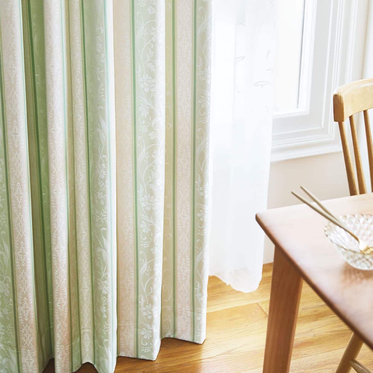 オーダーカーテン レティ グリーン4層 2倍ヒダ(幅101-200/丈-140cm