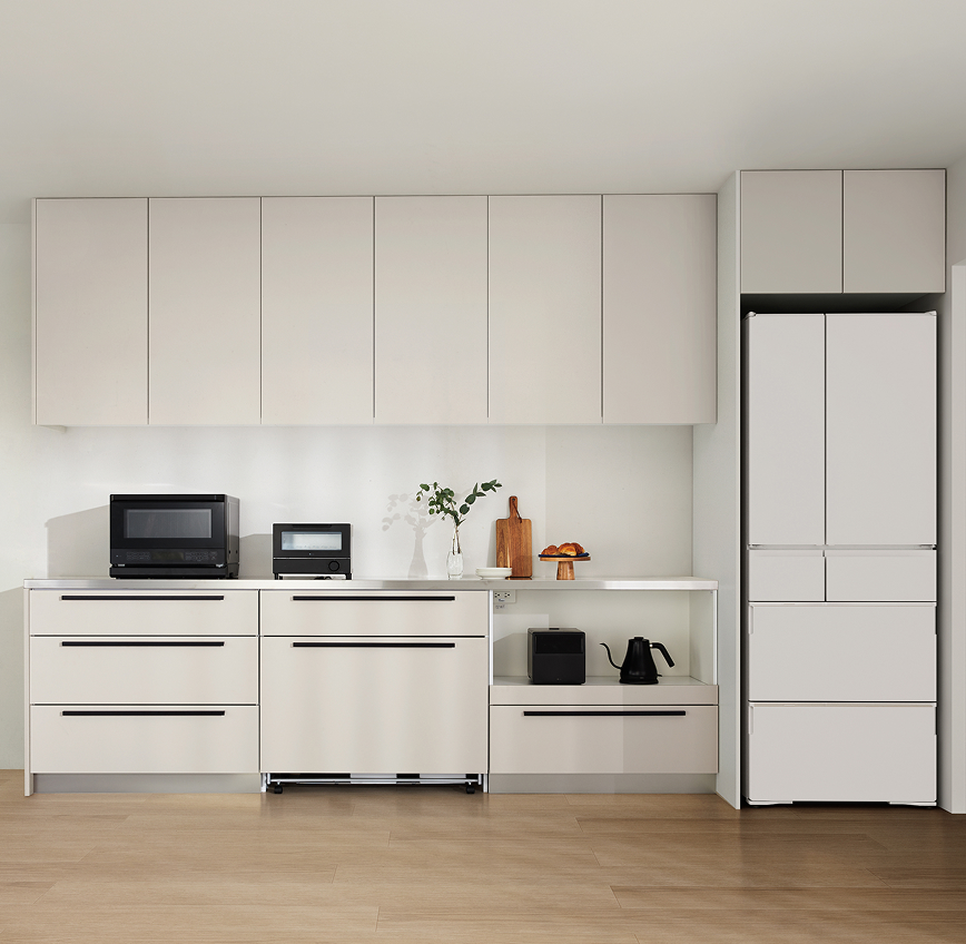 キッチンとカラーを合わせられるニトリのカップボード、キャビネット。