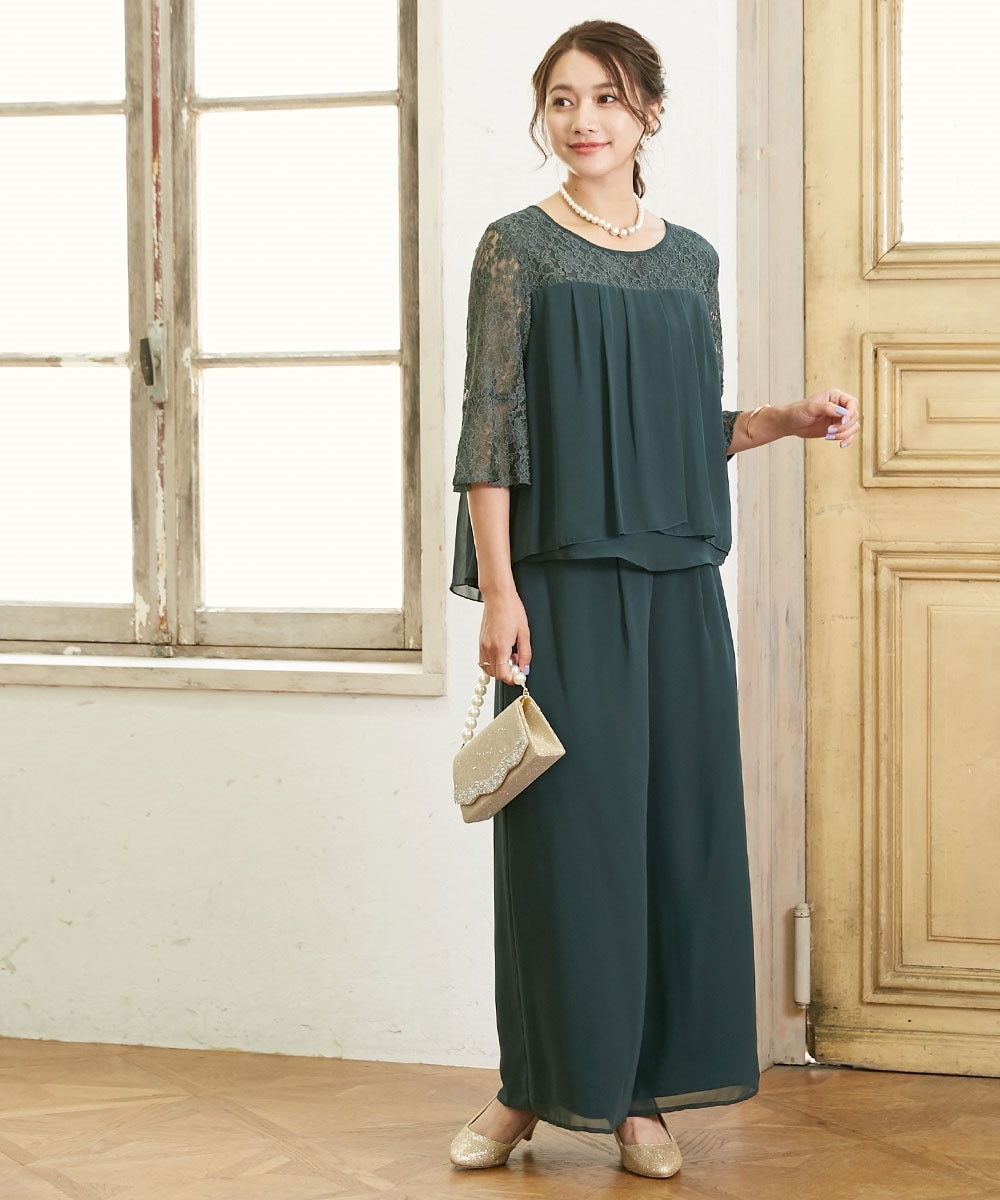 結婚式・パーティードレス】レース切替ブラウス+ワイドパンツ