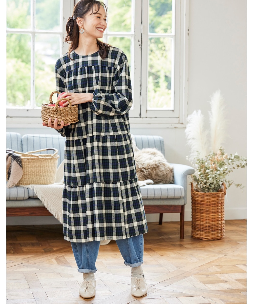 大きいサイズ 綿100％ティアードチェック柄ワンピース（OtonaSMILE