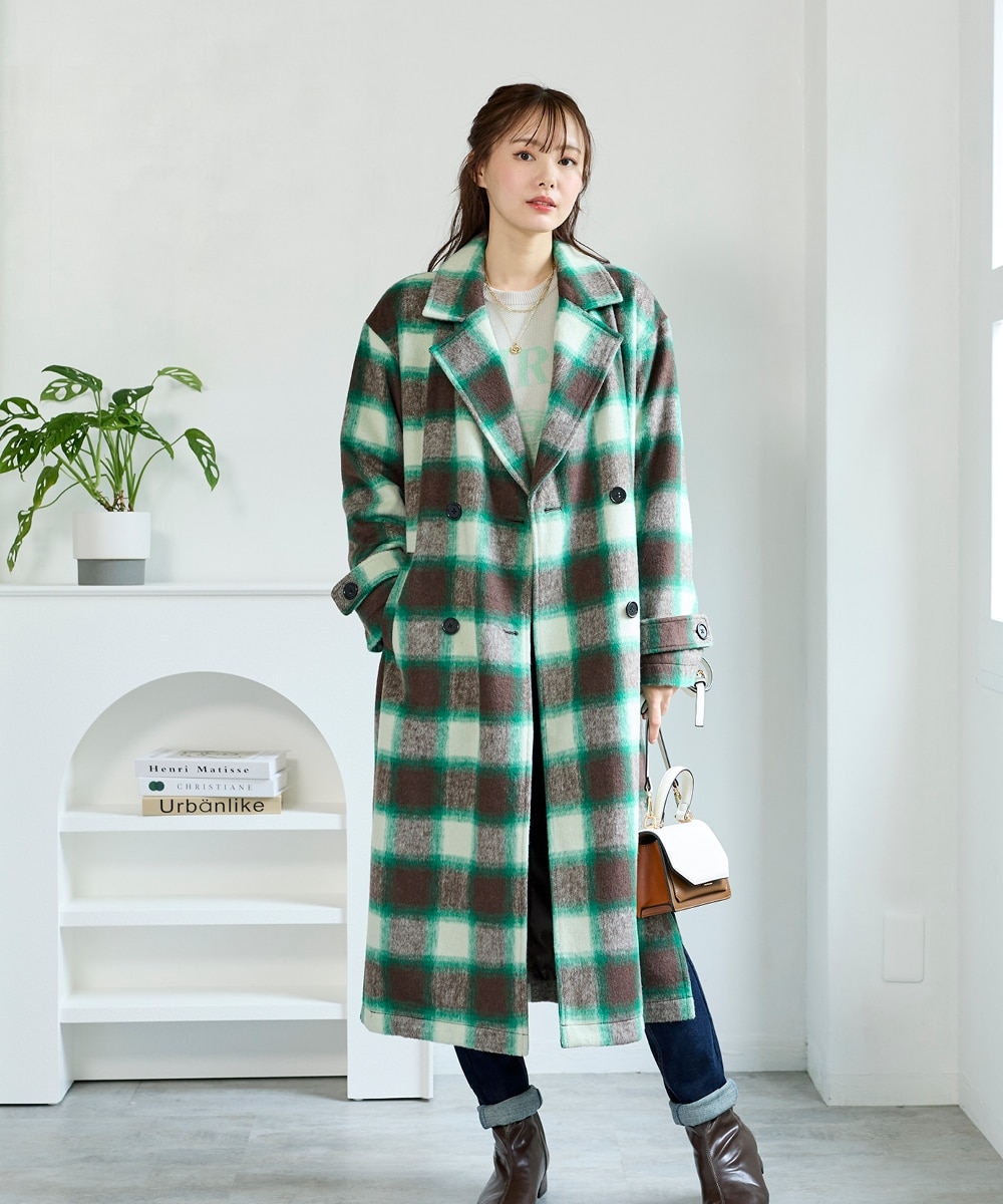 大きいサイズ シャギーチェックサイドスリットチェスターコート 通販