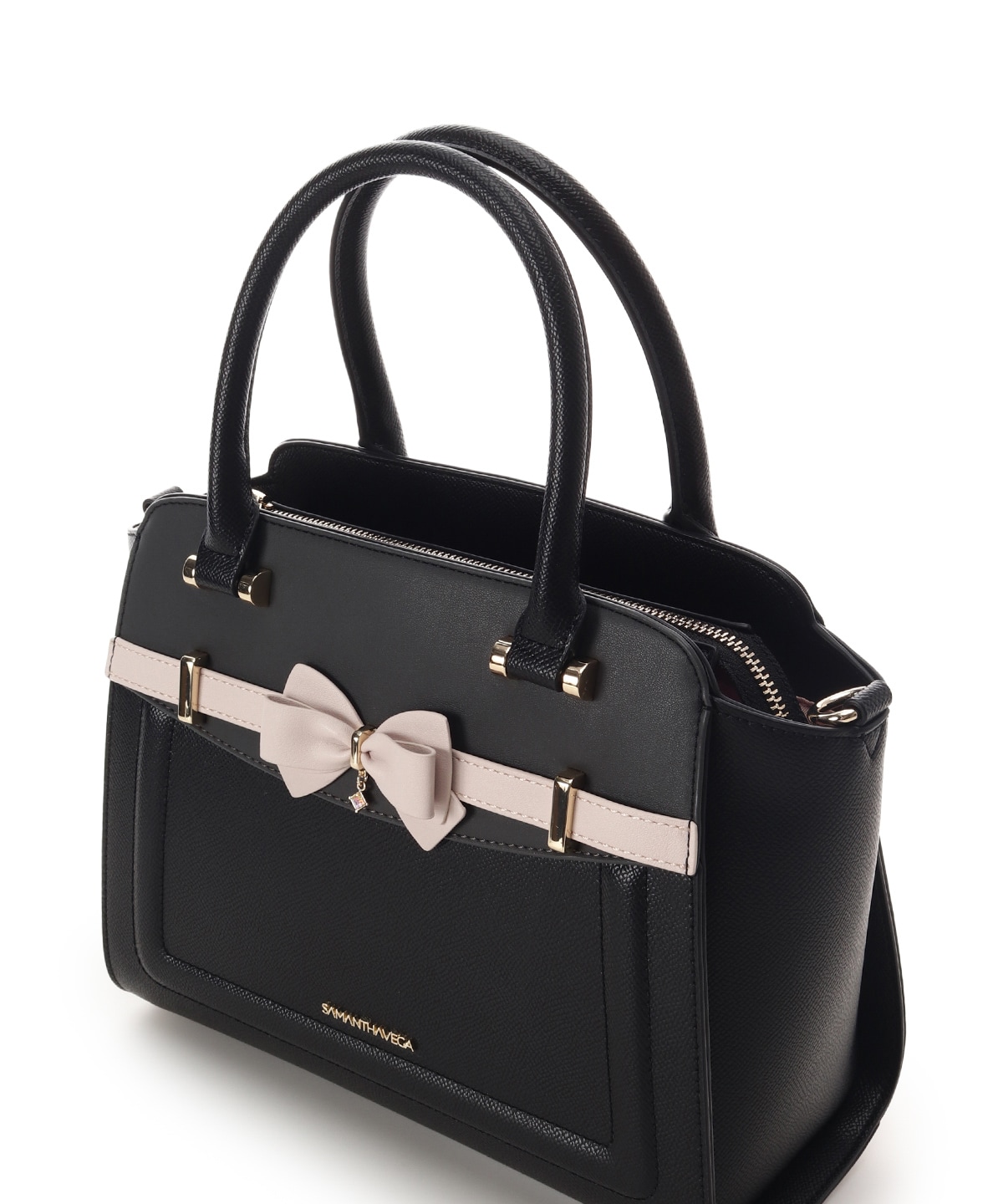 バイカラーアクセントリボンハンドバッグ(FREE ブラック