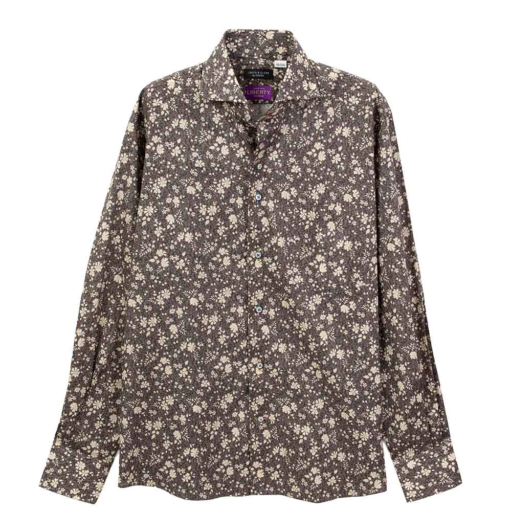 ワイシャツ 花柄 プリント 草木、ボタニカル ネイビー LOUIS & CLERK