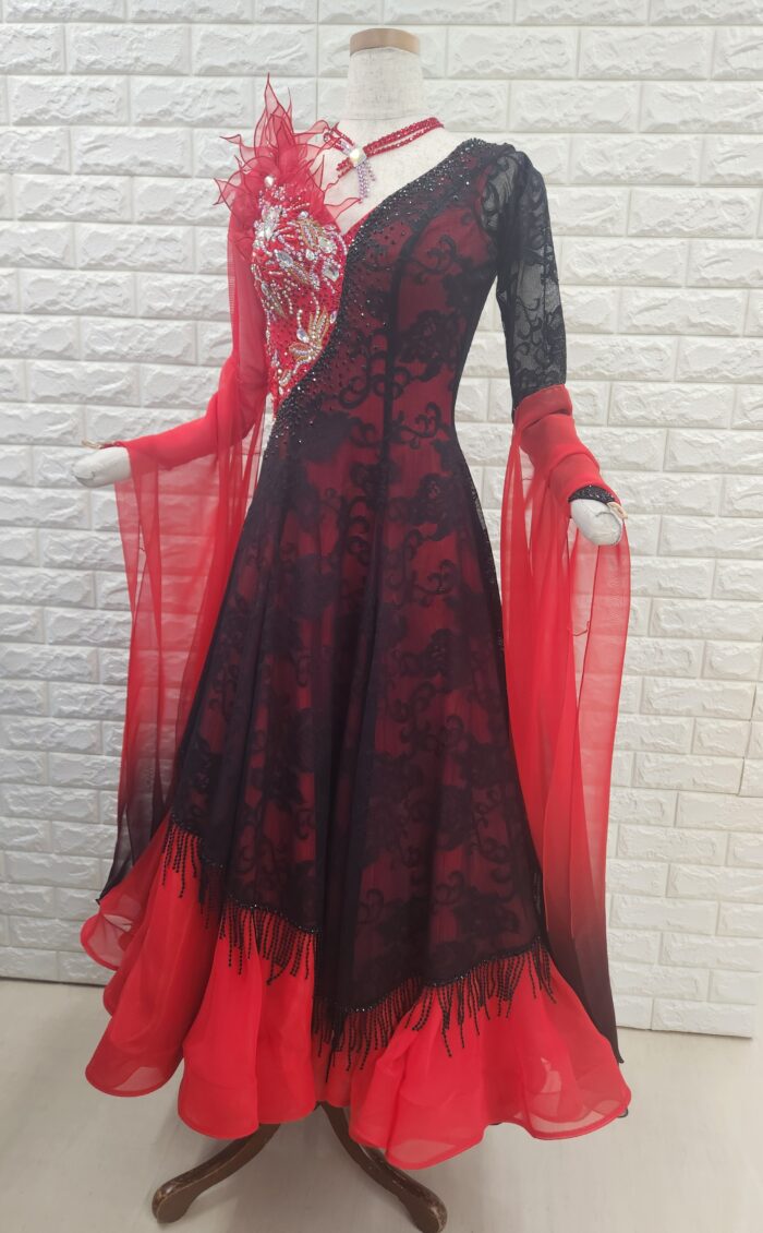 試着・レンタル・購入】社交ダンスドレス Lサイズ 赤黒 スタンダード