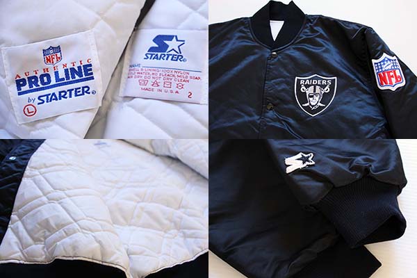 90s USA製 STARTERスターター NFL RAIDERS ナイロンスタジャン 黒 L