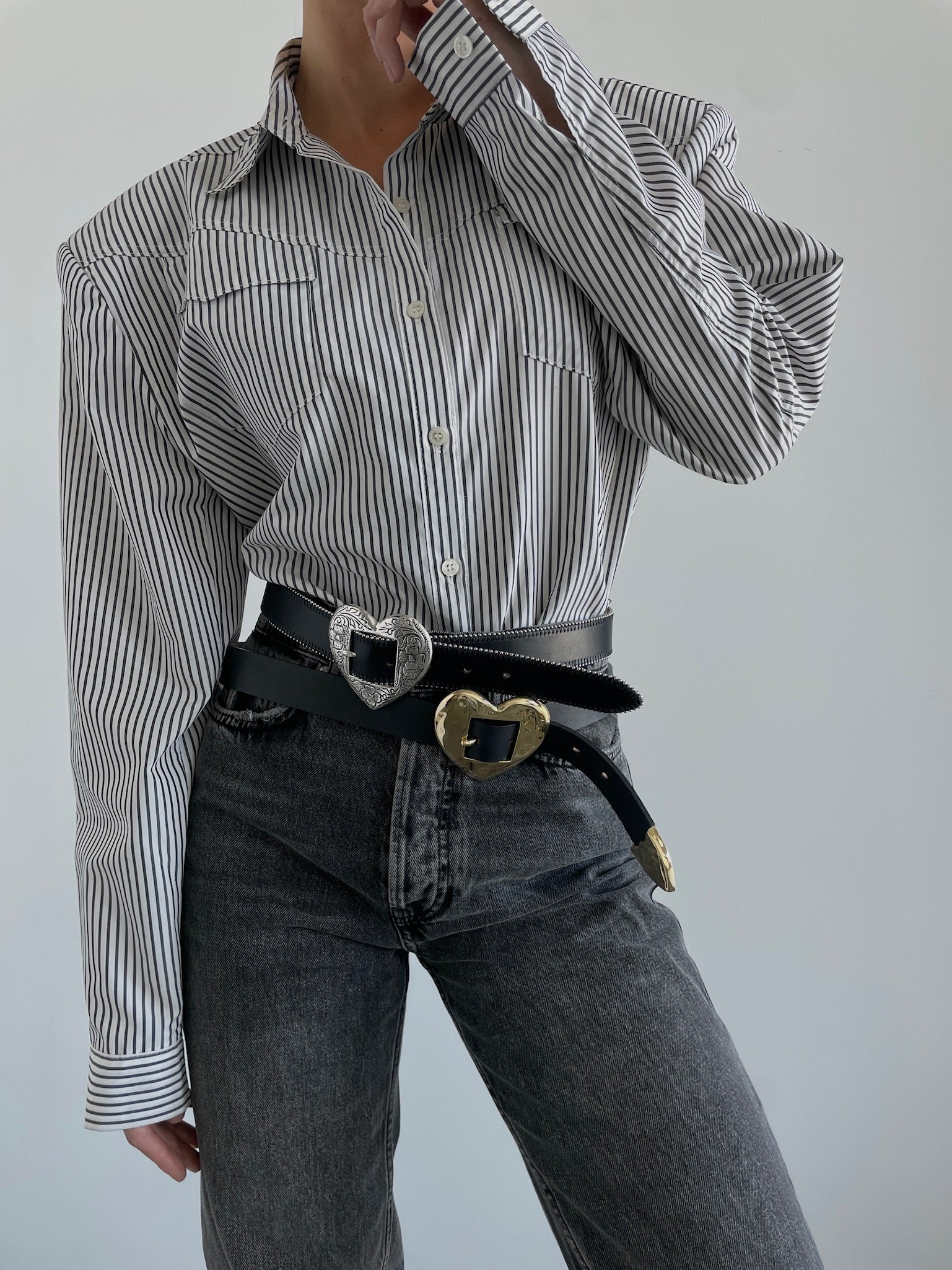 Silver Hammered Heart - Black Italian Leather Silver Heart Belt