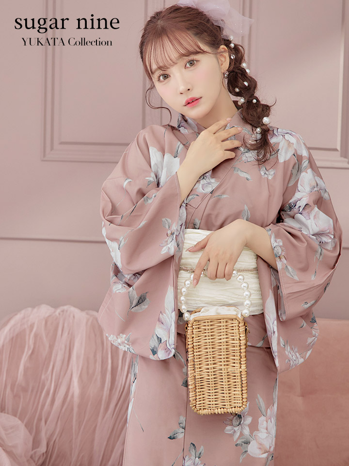 即日発送】大人スウィート/くすみピンク椿浴衣【浴衣3点セット 浴衣