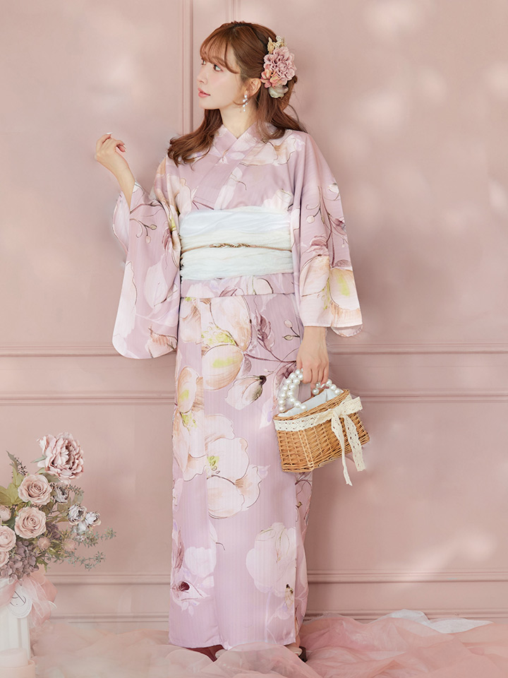 即日発送】大人くすみピンクx牡丹浴衣【浴衣3点セット 浴衣/帯/下駄