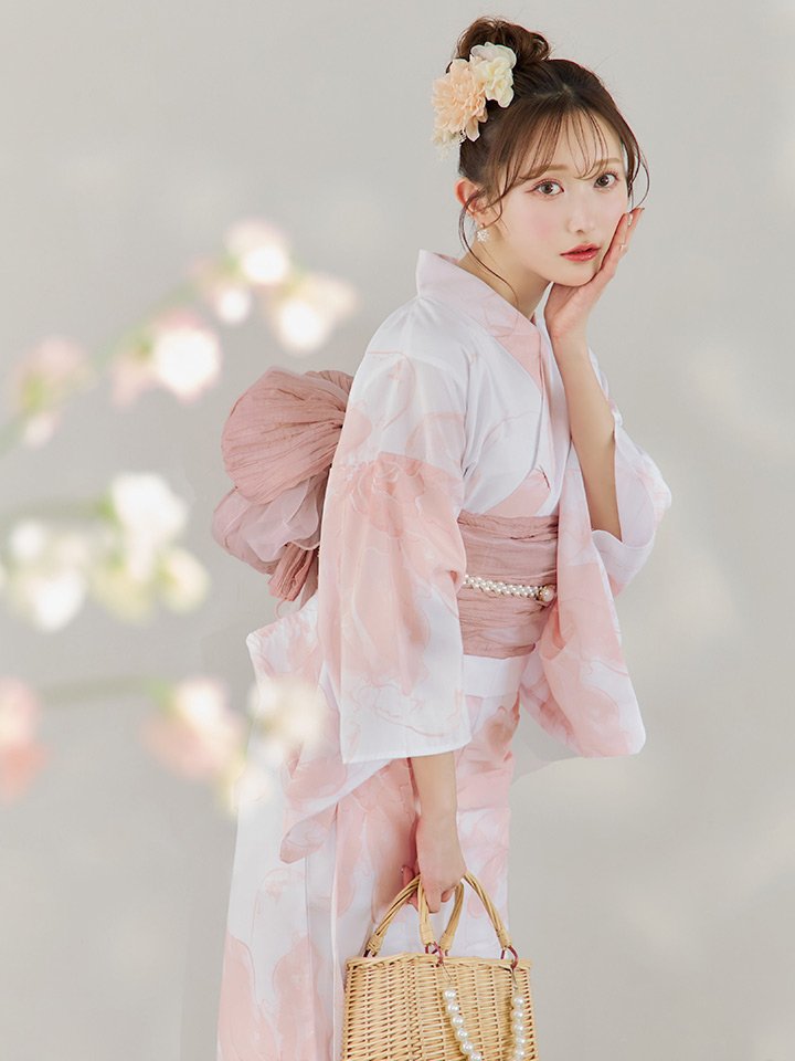 即日発送】ニュアンスピンクフラワー浴衣【浴衣3点セット 浴衣/帯