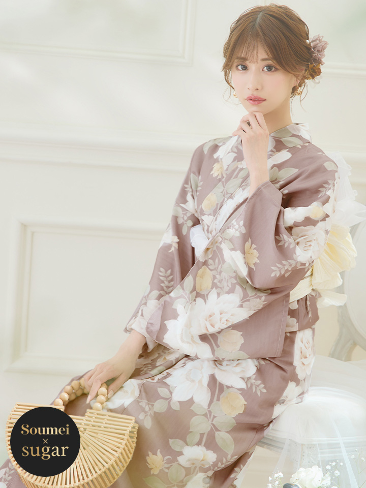 即日発送】ピンクベージュフラワー浴衣【浴衣3点セット 浴衣/帯/下駄