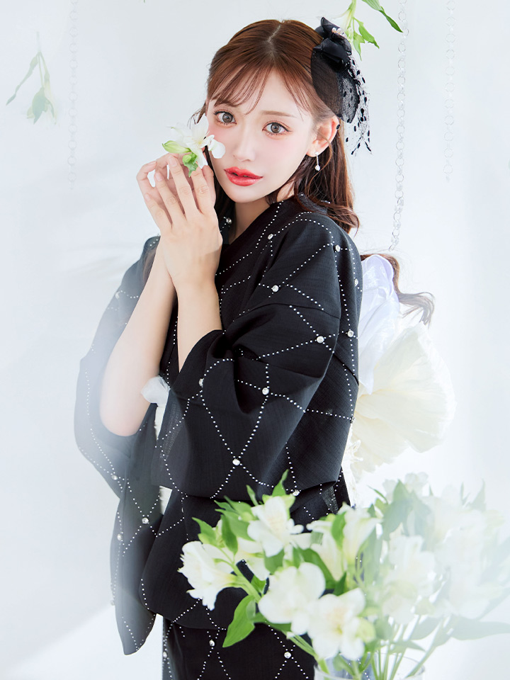 即日発送】アーガイルビジュー浴衣【浴衣3点セット 浴衣/帯/下駄