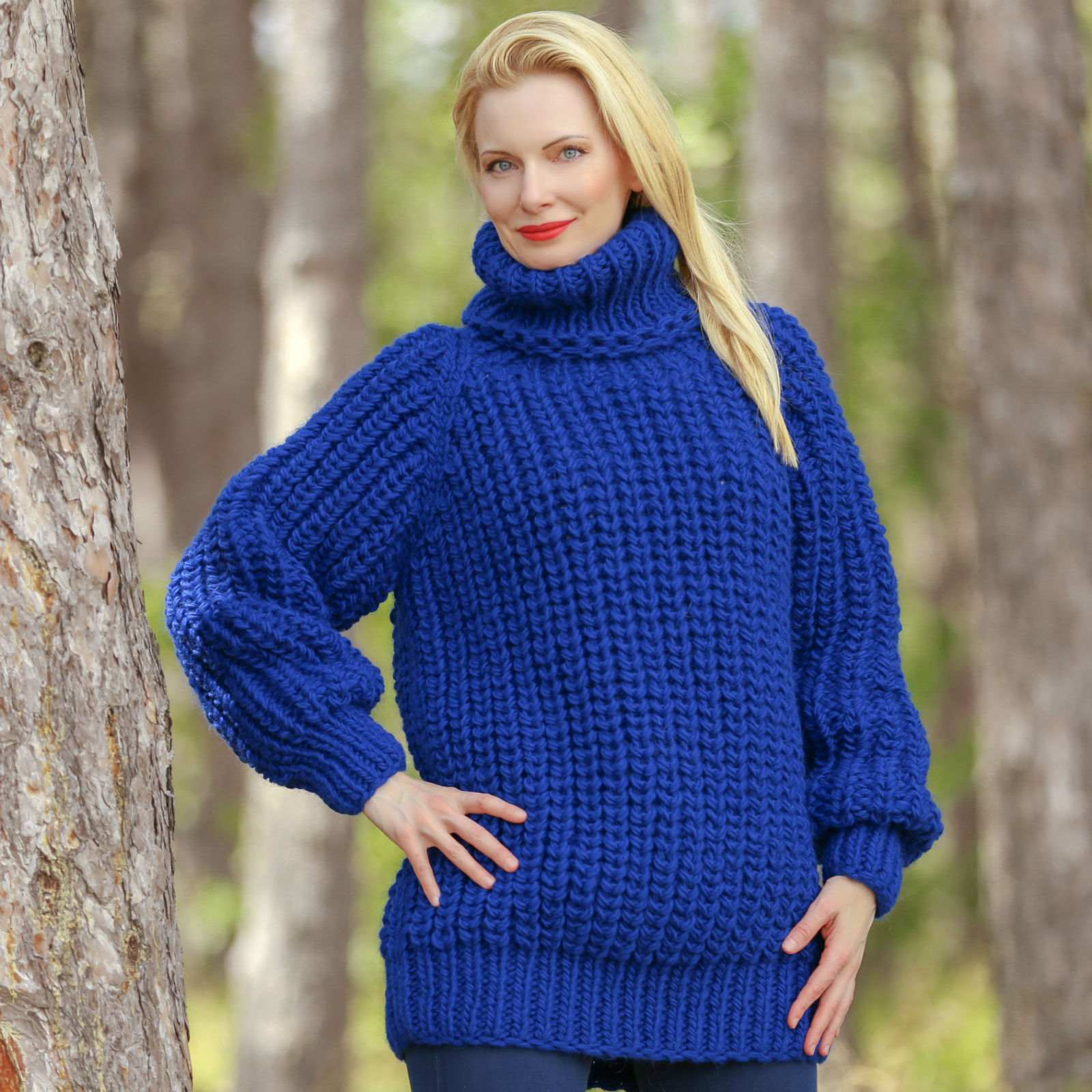 Blue thick wool sweater, handmade pullover, ready to ship, size XL-XXL