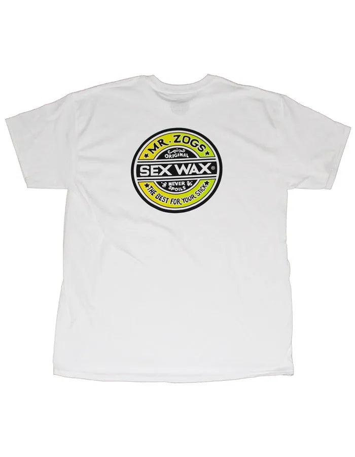 MR. ZOGS SEX WAX GREEN/YELLOW LOGO WHITE TEE SHIRT – surferswarehouse