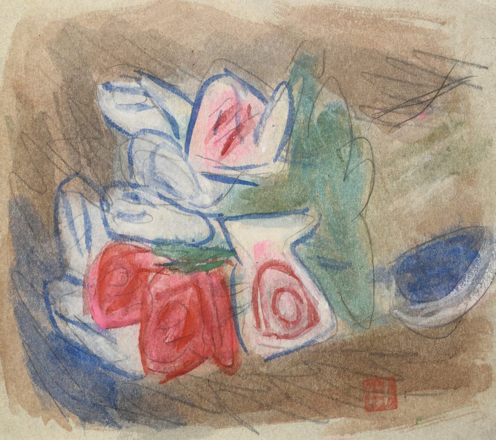 チクタクヒーカ] 松田正平作品 黄薔薇 水彩 色紙 額縁付き 松田正平