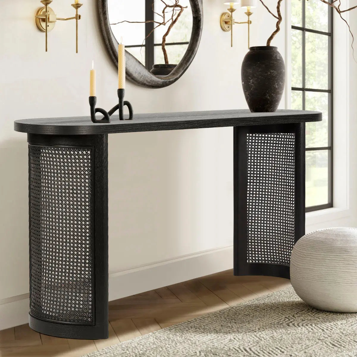 Aodai 60 Oak Wood Rattan Console Table(Oak/Black)