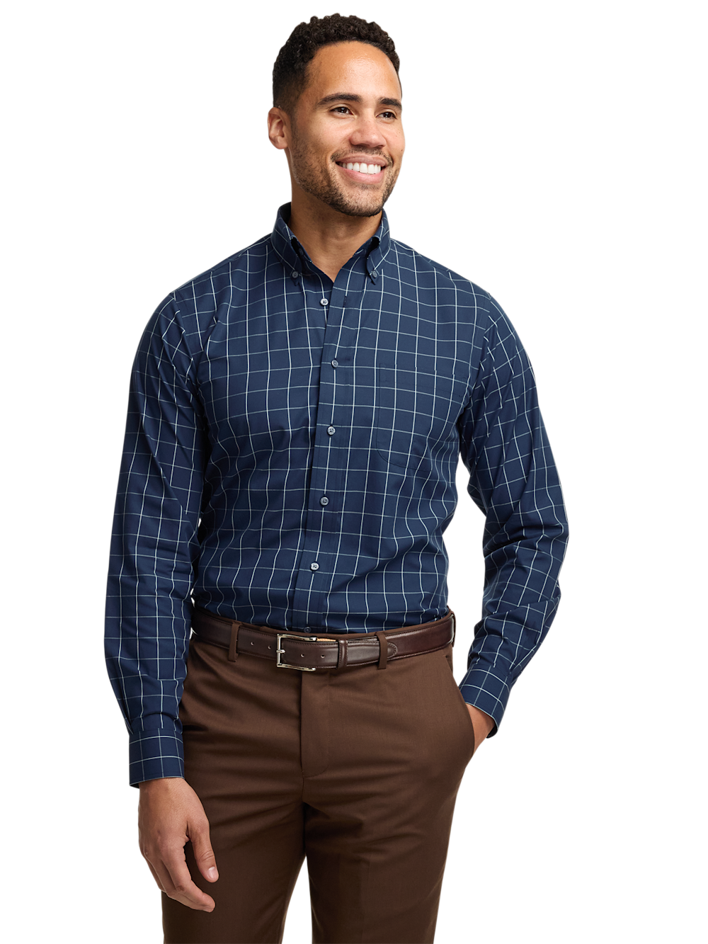 Non-Iron Cotton Windowpane Dress Shirt - Navy – Paul Fredrick