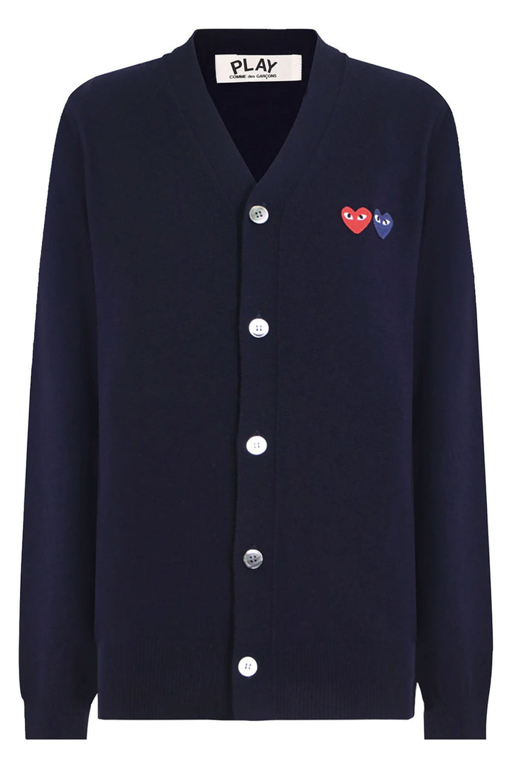 CDG PLAY MENS V-NECK DOUBLE HEART CARDIGAN NAVY NEW SEASON PARLOUR