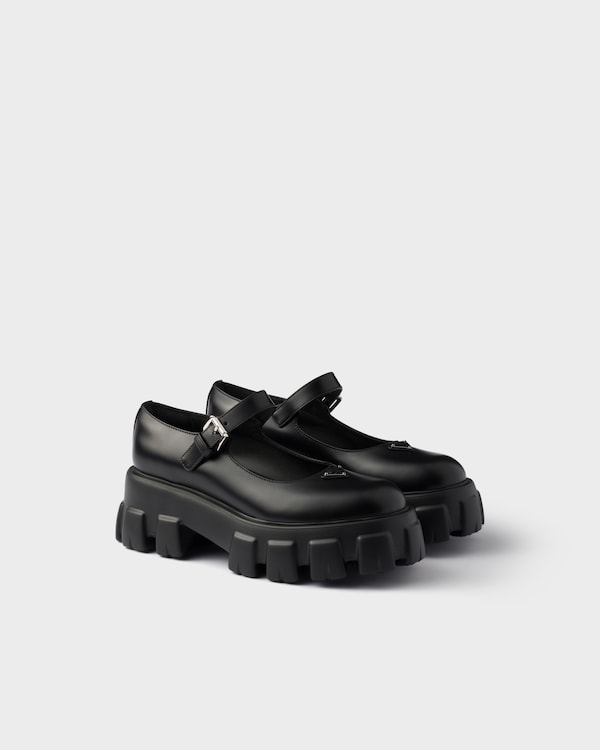Black Brushed Leather Monolith Mary Janes | PRADA