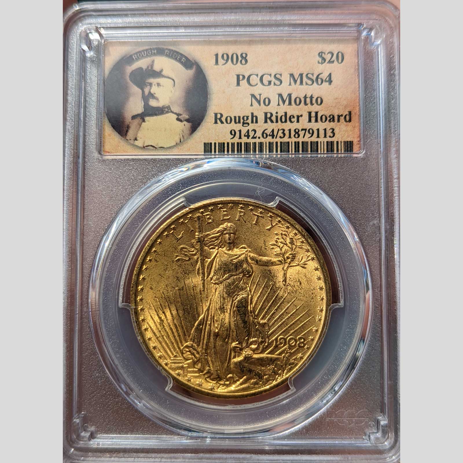 1908 No Motto $20 St. Gaudens PCGS MS64 Rough Rider Hoard – Rare