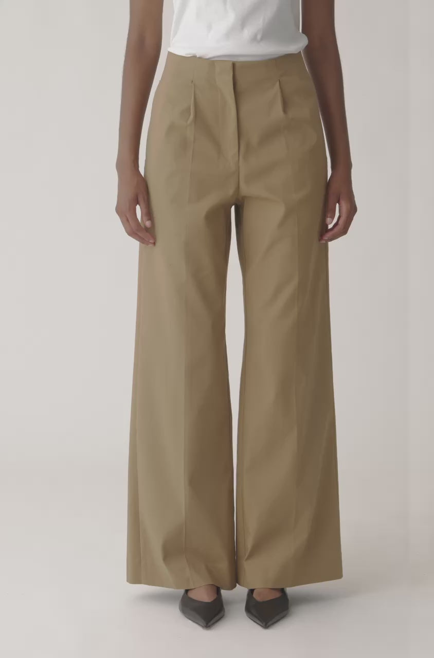 Brown High-Waist Pants - Date Refined Sateen Wide Leg Cotton